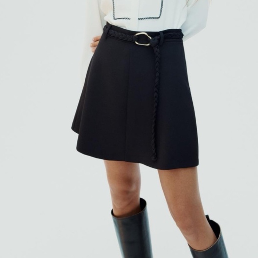 Zara Black Flared High Waisted Mini Skirt With A Braided Belt & Gold Buckle XS